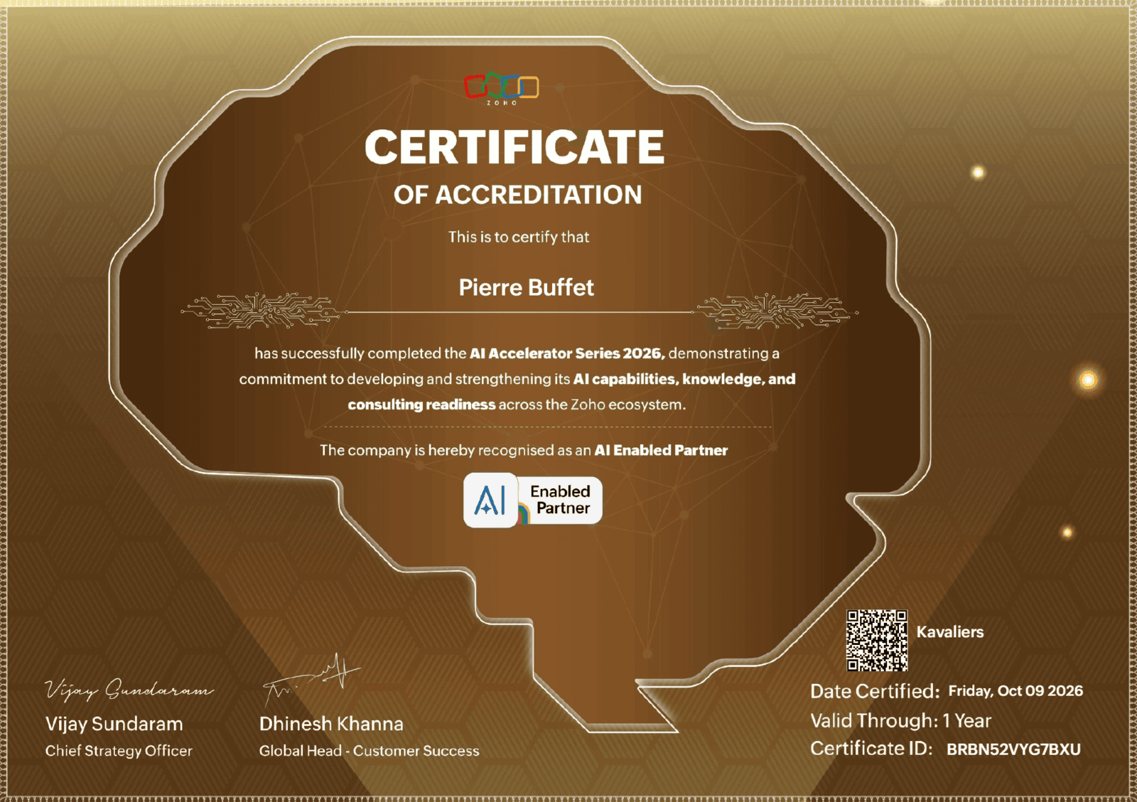 Certificat d'accréditation IA Zoho